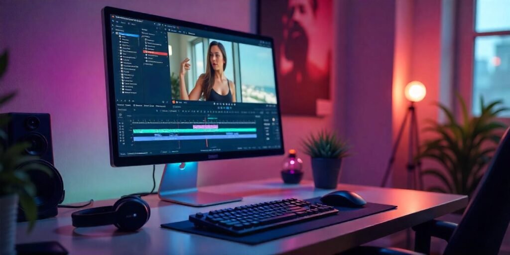 A video editing workstation with a screen showing a fitness vlog editing timeline, headphones, and camera equipment nearby