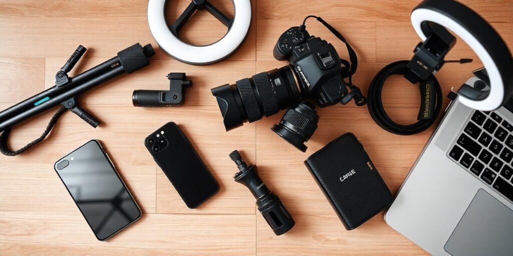 Essential vlogging equipment including a camera, microphone, tripod, and laptop for YouTube creators.