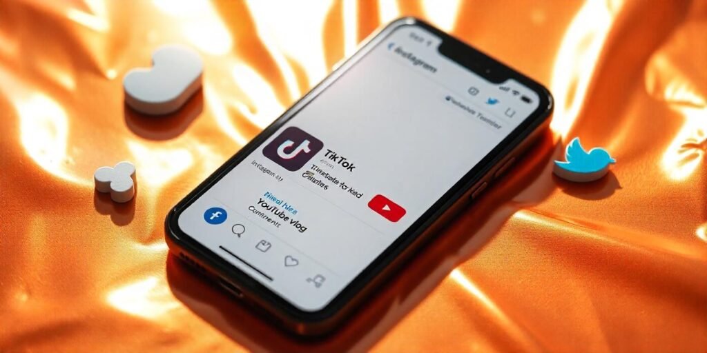 Social media promotion for YouTube vlogs shown on a smartphone with Instagram, TikTok, and Twitter icons.