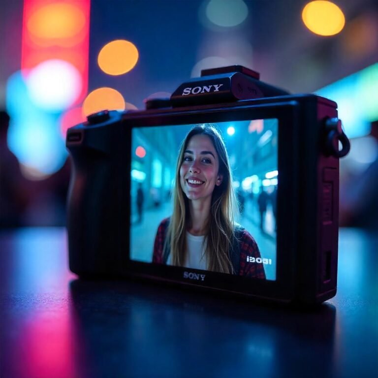 A close-up of the Sony ZV-1's flip-out screen, showing a vlogger in focus with a blurred background, demonstrating autofocus capability.