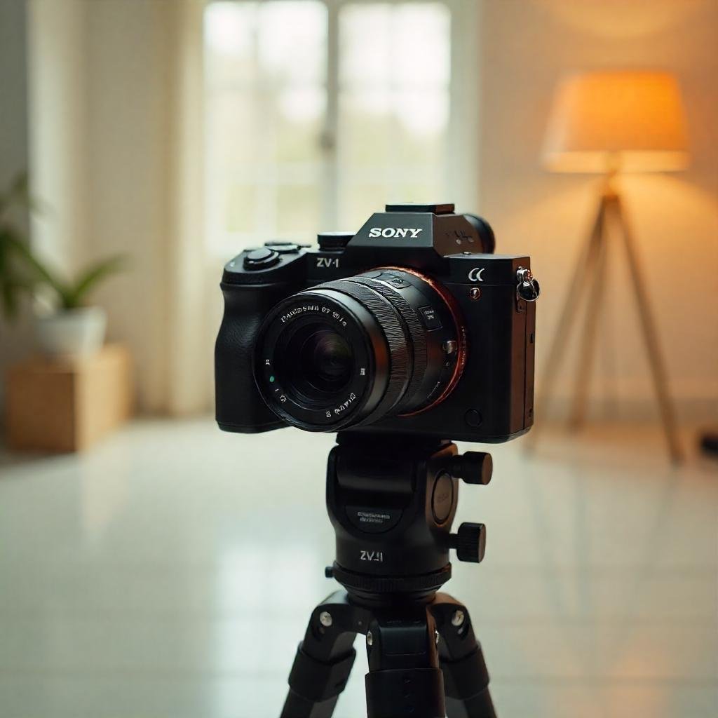 The Sony ZV-1 vlogging camera on a tripod with a flip-out screen showing a vlogger in a modern studio setup.