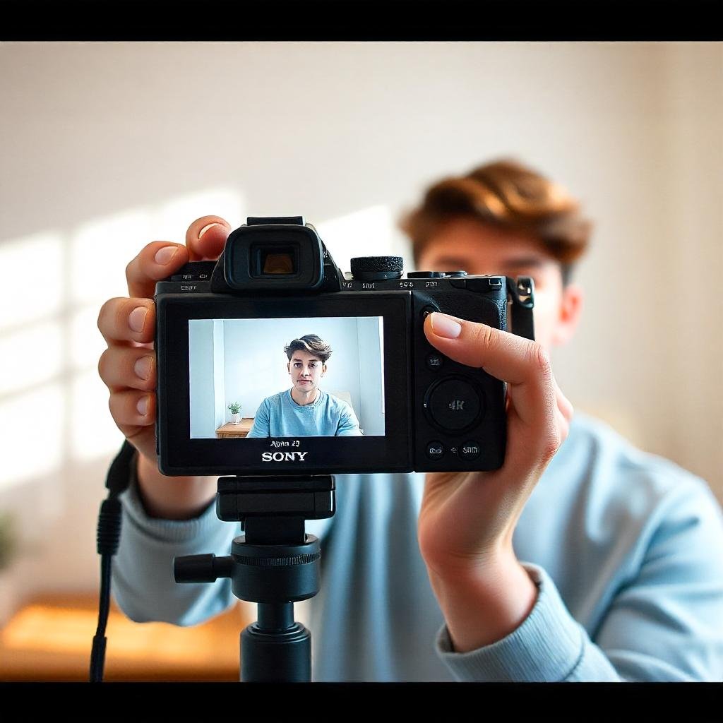 A vlogger holding the Sony Alpha a6400 in a bright indoor space, using its flip-out screen for filming.