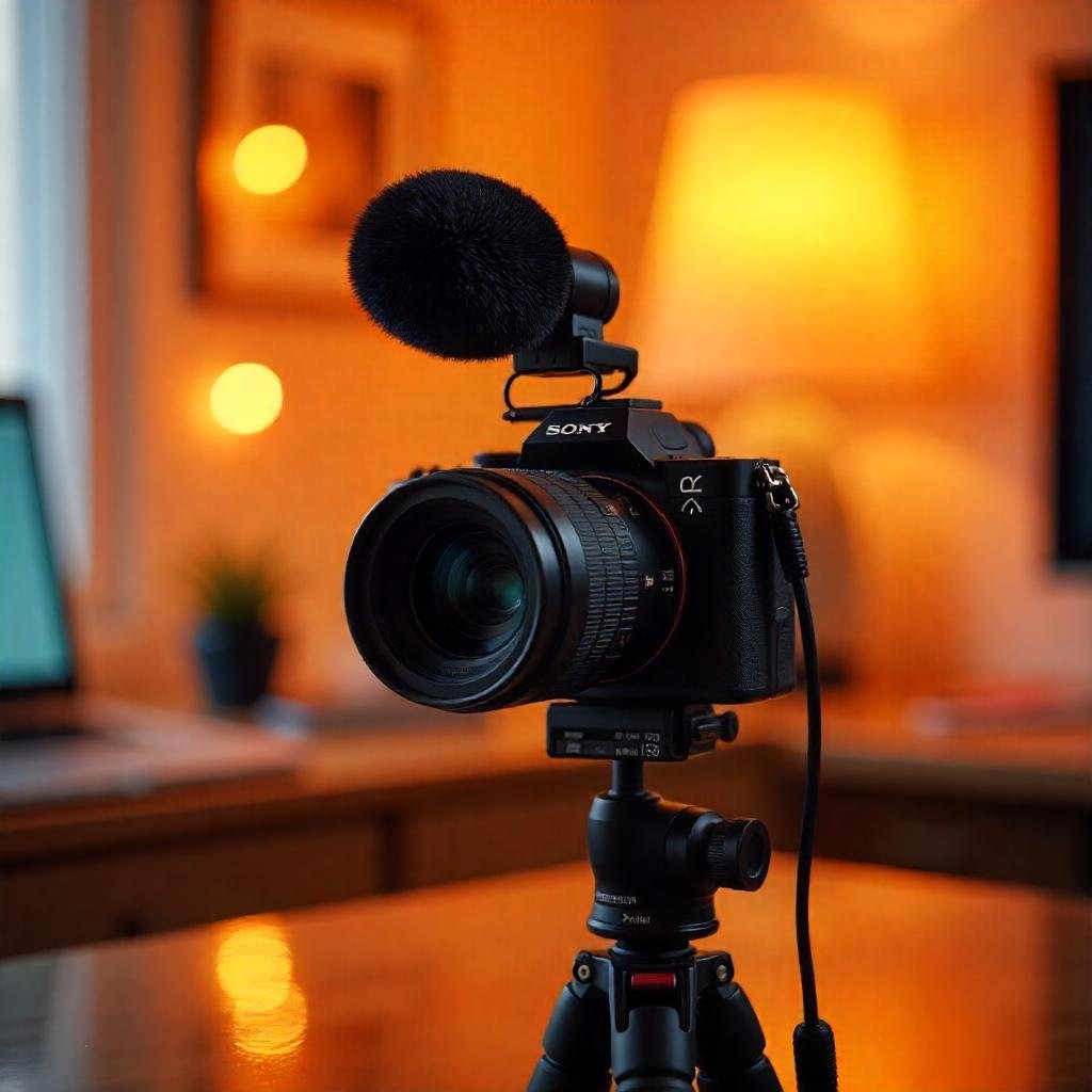 The Sony ZV-E10 camera with a microphone and accessories set up on a tripod in a cozy filming space.