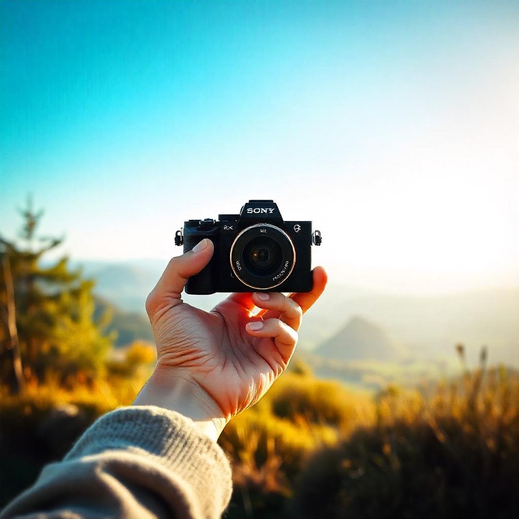 A vlogger filming outdoors with the Sony RX100 VII, showcasing its compact design and portability in a scenic environment.