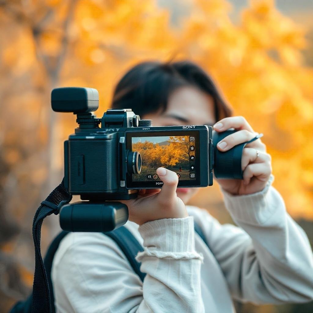 A vlogger filming outdoors with a Sony mirrorless camera, capturing a vibrant natural scene in the background.