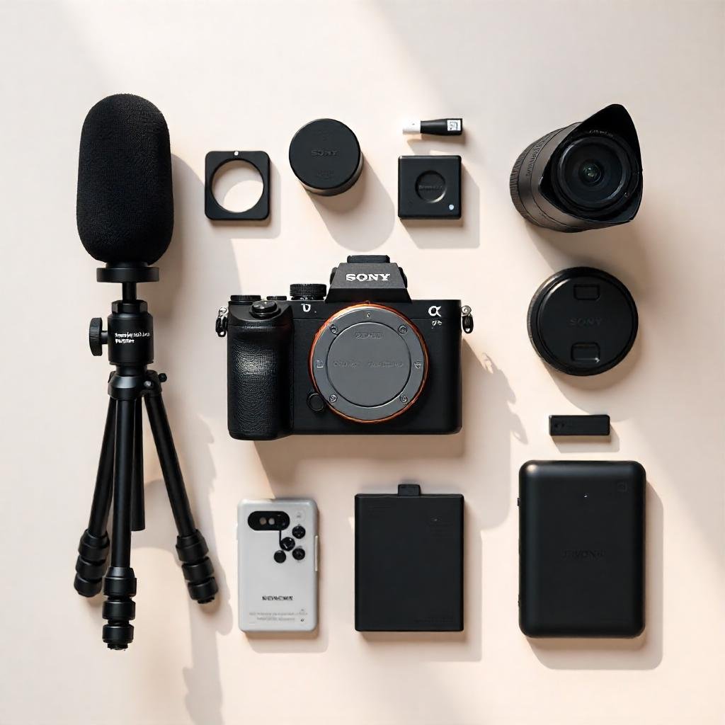 A flat lay image showcasing essential Sony vlogging camera accessories, including an external microphone, tripod, batteries, and a power bank.