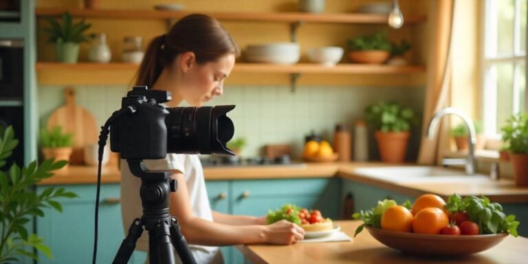 A professional food vlogging setup with camera, lighting, and microphone on a tripod.