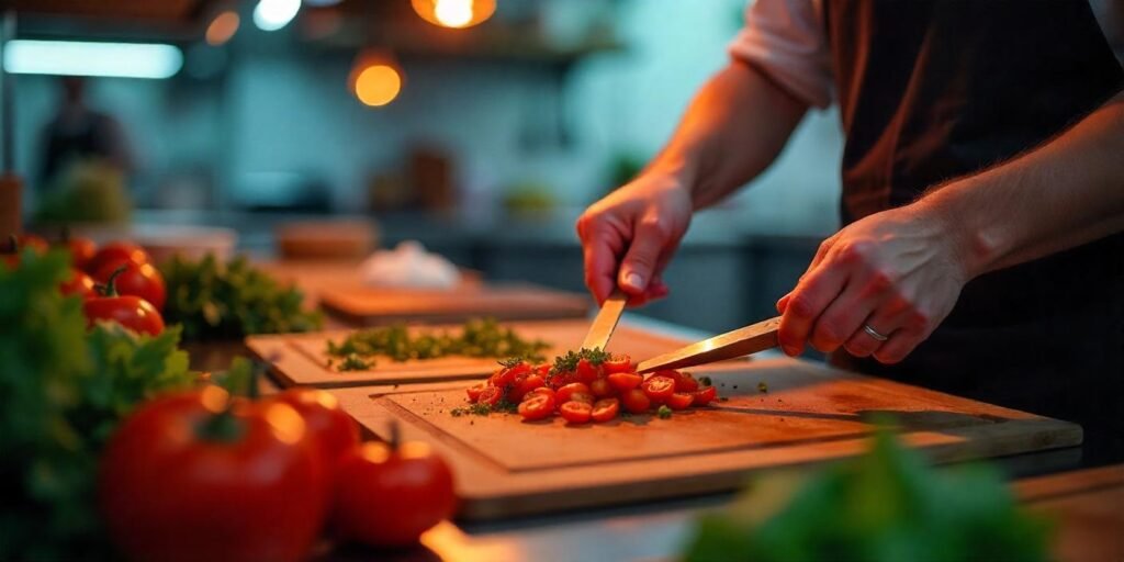 A close-up of food ingredients being prepared for filming a food vlog in a kitchen.
