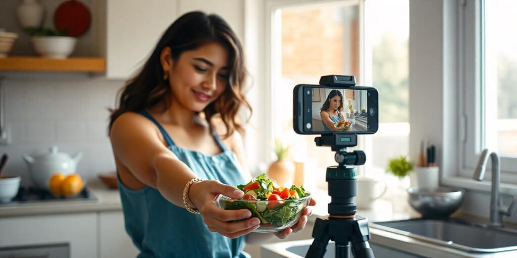 A food vlogger using a smartphone to film a recipe in a home kitchen.