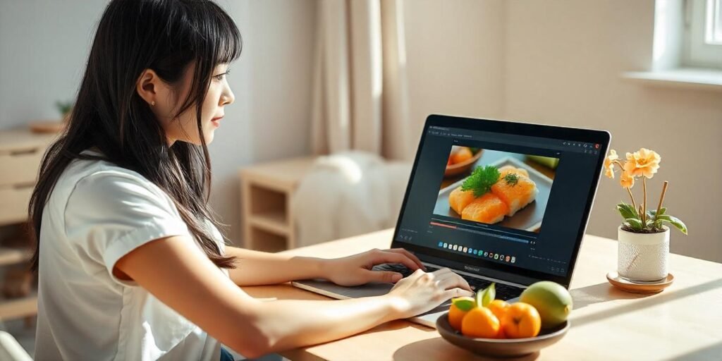A food vlogger editing a video on a laptop with food props on the desk. 