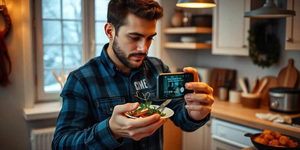 A food vlogger interacting with followers on social media by sharing food content.