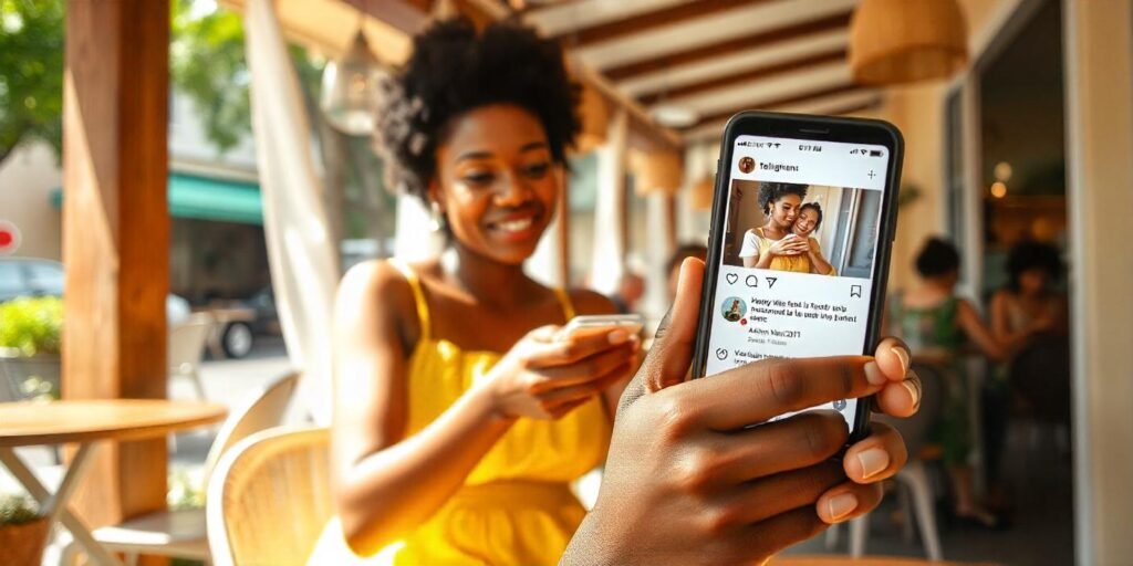 A food vlogger interacting with followers on social media by sharing food content.