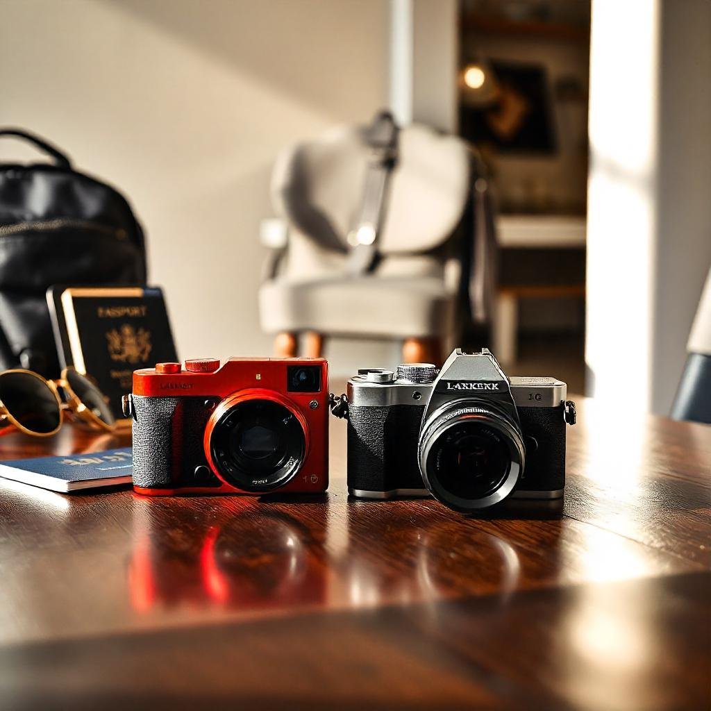 A side-by-side comparison of a compact camera and a mirrorless camera on a travel-themed flat lay, highlighting their size differences