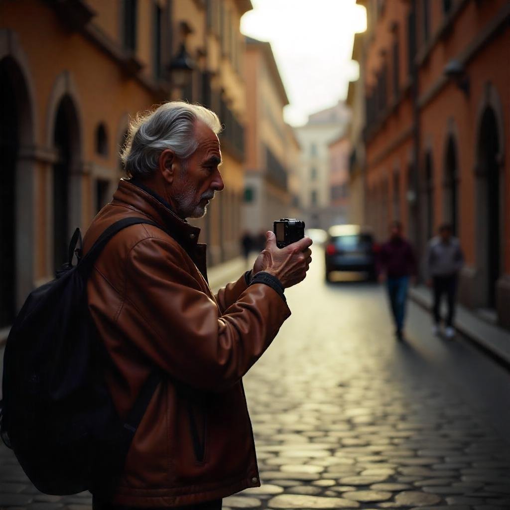 A travel vlogger using the Sony ZV-1 on the streets of a city, with the camera's flip screen visible for easy selfie vlogging.