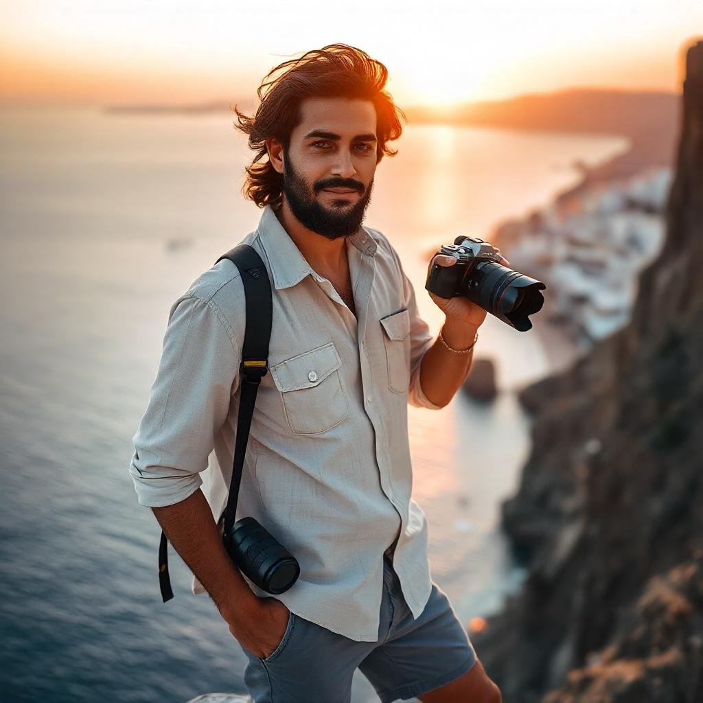  A vlogger capturing panoramic sunset views with a DSLR and tripod, emphasizing the importance of stability and equipment for scenic shots