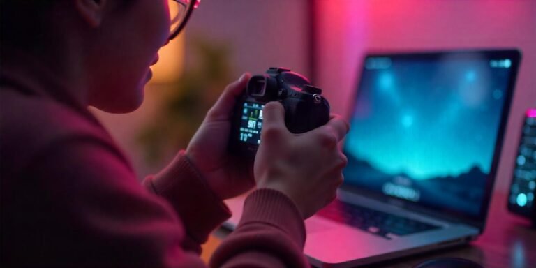 A vlogger adjusting camera settings like shutter speed, ISO, and aperture in a well-lit indoor setup