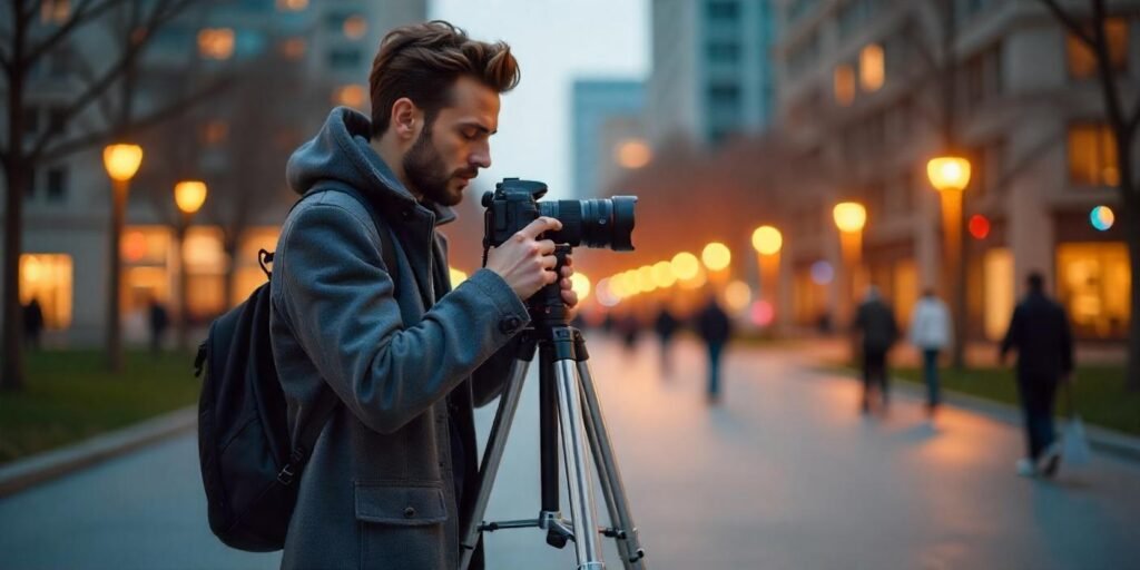  A vlogger filming outdoors in natural light, adjusting the camera’s aperture on a tripod