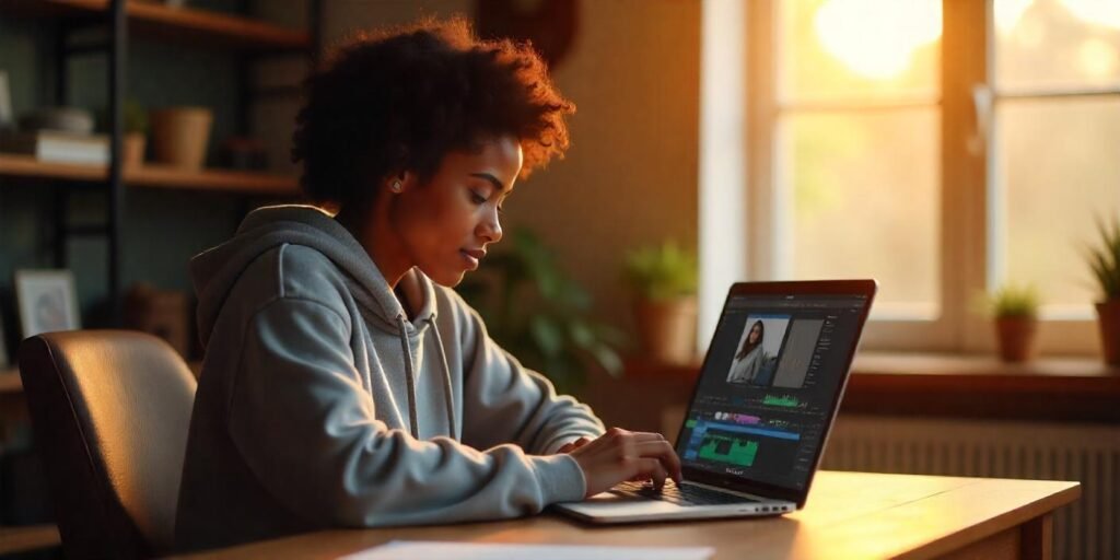 A person editing vlog footage on a laptop with editing software showing audio adjustments, color grading, and stabilization.
