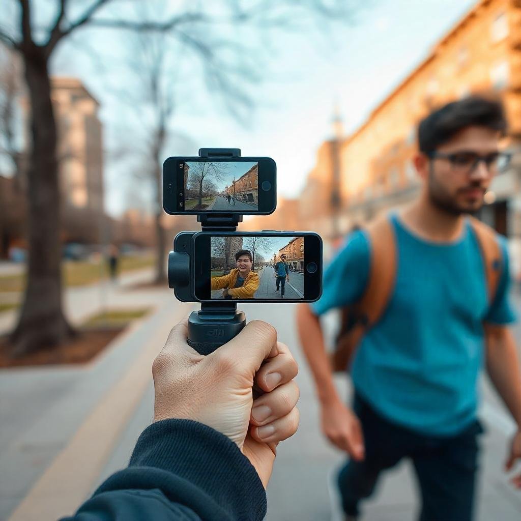 User holding the DJI Osmo Pocket 3 outdoors while filming, demonstrating smooth video stabilization in motion."