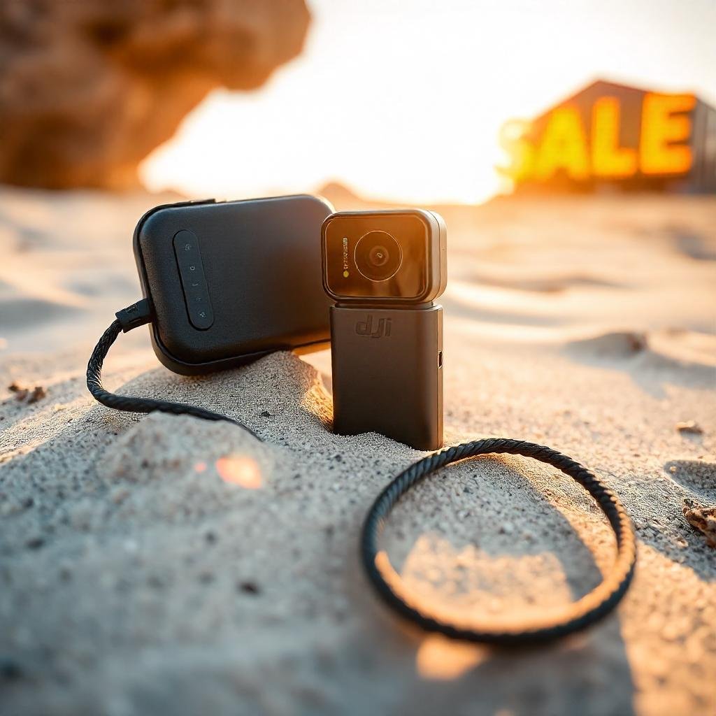 DJI Osmo Pocket 3 with charging accessories, including portable charger and USB-C cable.