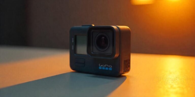 Close-up of the GoPro HERO11 camera showcasing its sleek design, front and rear screens, and compact size.