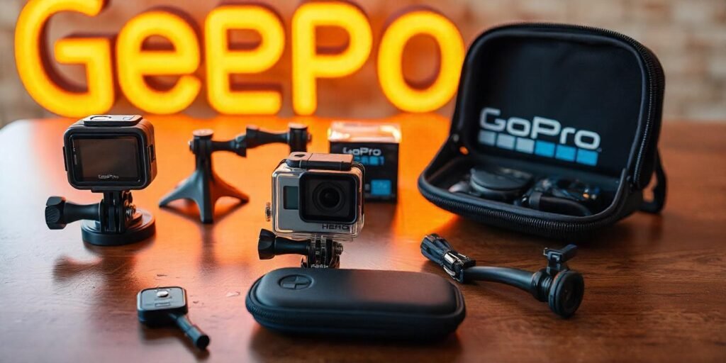 Various GoPro HERO11 accessories including mounts, external microphone, and carrying case.