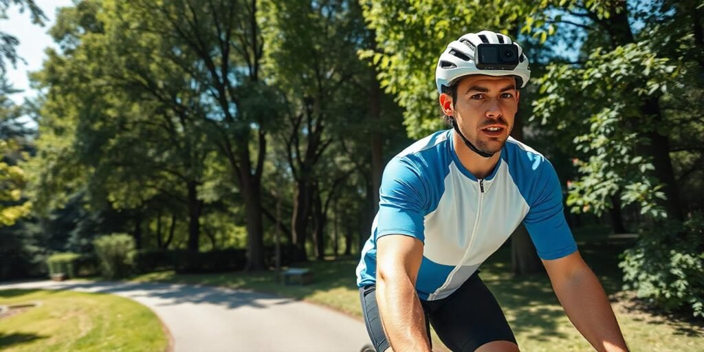 Insta360 GO 2 mounted on a helmet with a magnetic base, demonstrating its versatility during a bike ride.