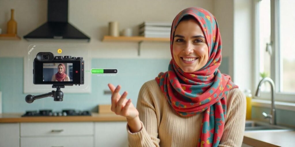 Infographic-style visual with a vlogger holding a camera showing key features such as flip screen, microphone jack, and battery life.