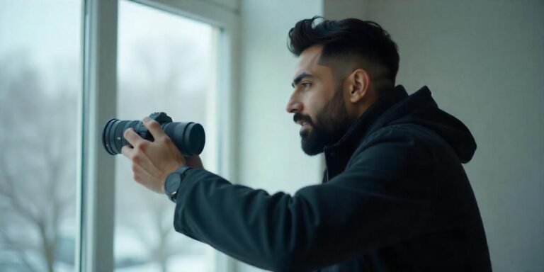 Vlogger filming with natural light coming through a window, creating soft and flattering lighting for the video