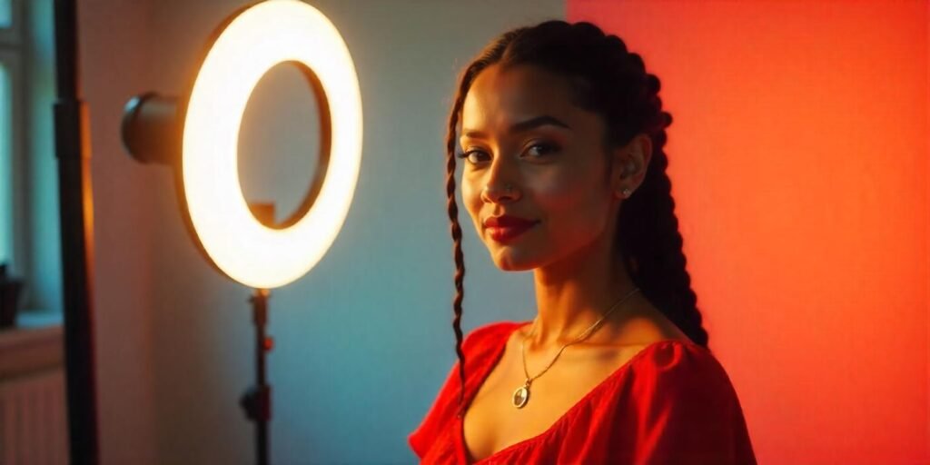  Vlogger using a ring light to enhance their video lighting and create a smooth, even look on camera.